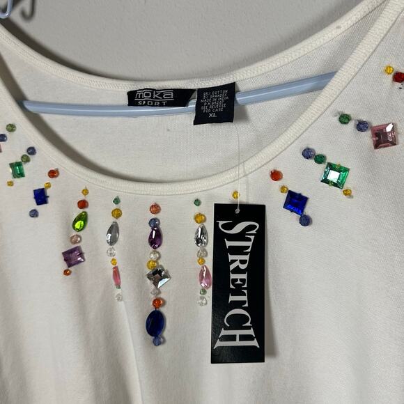 NWT Moka Sport White Rainbow Jeweled Rhinestone Cotton Blend Top Women's XL - Picture 6 of 7